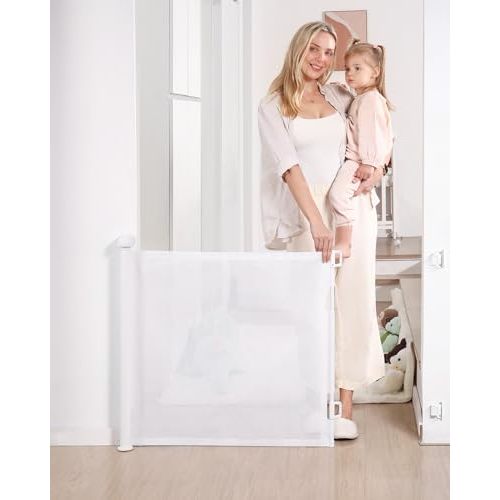 Likzest Retractable Baby Gate, Mesh Baby and Pet Gate 33" Tall, Extends up to 55" Wide, Child Safety Baby Gates for Stairs Doorways Hallways, Dog Gate Cat Gate for Indoor and Outdoor (White)