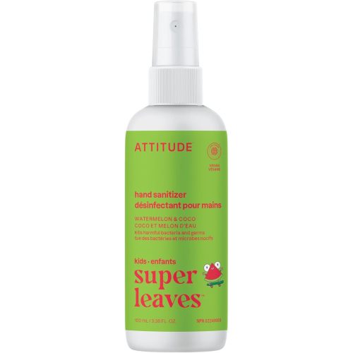ATTITUDE Hand Sanitizer Spray for Kids & Adults, Made in Canada, EWG Verified, Travel Size, Dermatologically Tested, Plant and Mineral Based, Vegan, Watermelon & Coco, 100 mL (Spray Bottle)
