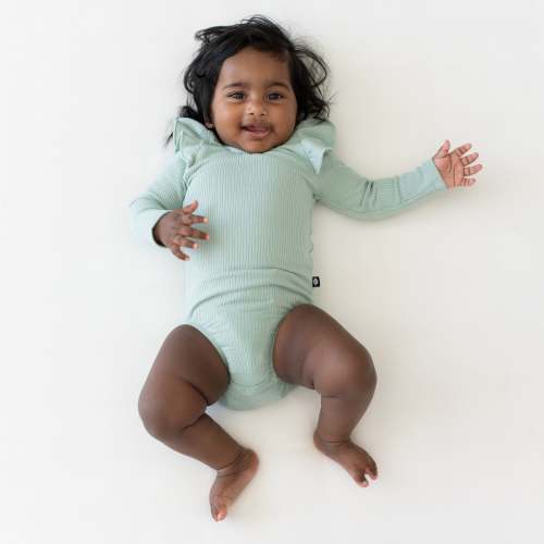 Ribbed Long Sleeve Ruffle Leotard in Sage