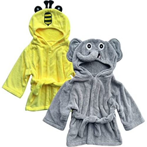 Sunny zzzZZ 2 Pack Unisex Baby Plush Animal Face Robe for 0-9 Months - Neutral Design Softest Newborn Clothes for Boys and Girls - Baby Essentials Registry Search Gifts - Cute Bee and Happy Elephant