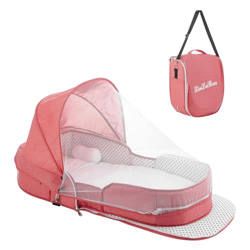 Baby Travel Bassinet Portable Bassinets, Foldable Carry Bag Bassinet Travel Crib, Lightweight Baby Lounger Pod Infant Bed with 2-1 Mosquito & Canopy (Pink)
