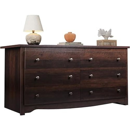 WLIVE Wood Dresser with 6 Drawer, 59”Wide Chest of Drawers for Bedroom, Long Nightstand with Drawers, Modern Large Storage Tower Unit, Closet Store Organizer for Living Room, Hallway, Brown