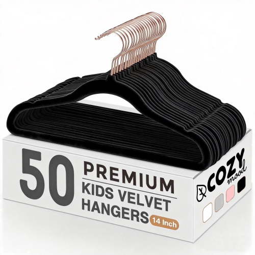 Cozymood Kids Velvet Hangers, 50 Pack 14 inch Children Clothes Hangers Non Slip Kids Felt Hanger, Space Saving Toddler Hanger, Black