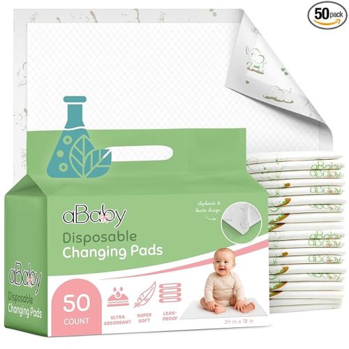 Disposable Changing Pads for Baby (50 Pack) Super Soft and Ultra Absorbent Baby Changing Pad - Leak Proof Diaper Changing Pads for Stress-Free Baby Diaper Changes - Green Elephant
