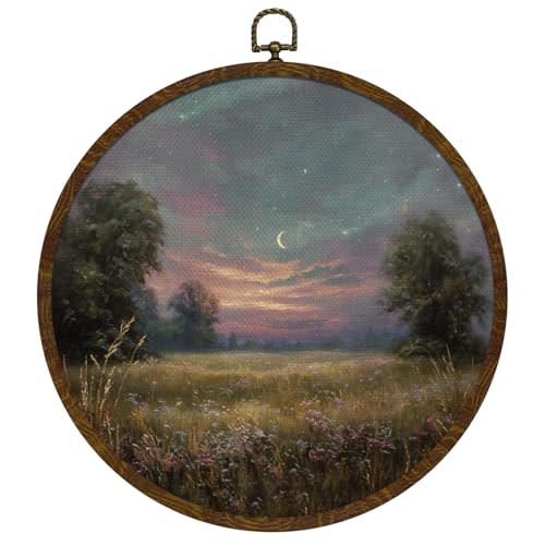 KLYTINK Rustic Floral Round Wall Art,Vintage Mid Century Canvas Print with Nature Scenery, Farmhouse Country Wall Decor for Bedroom or Living Room 10x10in (FJ03)