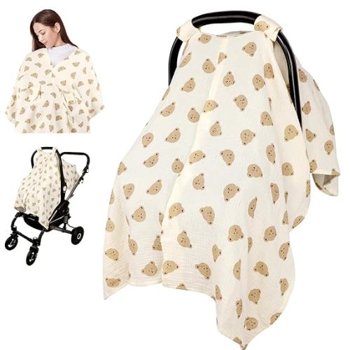 Car Seat Cover Baby Girls Boys, Summer Cotton Baby Car Seat Cover for Carseat, Comfortable Muslin Nursing Cover, Soft Baby Blanket, Breathable Lightweight Infant Stroller Canopy, Pink Flower