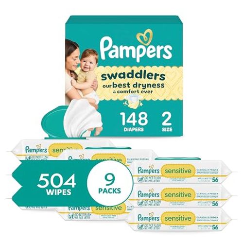 ampers Swaddlers Diapers, Size 2 (10-22 lbs), 148 Count, Pampers Sensitive Baby Wipes, 504 Wipes Total (6X Flip-Top Packs) [Packaging May Vary]
