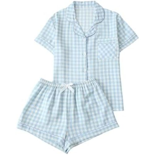 Verdusa Women's Plaid 2 Piece Cute Pajama Sets Short Sleeve Button Down Shirts with Shorts Loungewear