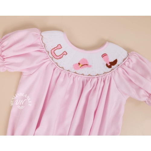 Cowgirl Smocked Bubble Smocked Rodeo Bubble| Embroidered Cowgirl Onesie| Baby Pink Cowgirl Romper| Pink Embroidered Baby Romper| 1st Rodeo