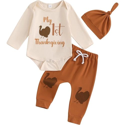 Karuedoo My First Thanksgiving Baby Boy Outfit Newborn Long Sleeve Romper Long Pants with Hat 3Pcs Clothes Set