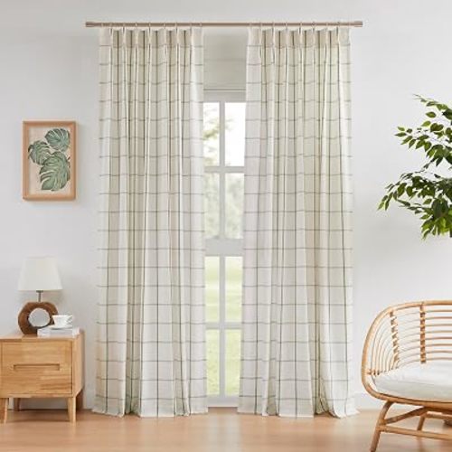 Vision Home Sage Green Plaid Linen Pinch Pleated Semi Sheer Curtains Checkered Light Filtering Window Panels 84 inches Long for Living Room Bedroom Rustic Pleat Drapes with Back Tab Hooks 40" Wx84"Lx2