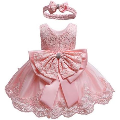 Baby Girls Dress Christening Baptism Party Formal Dress with Headwear