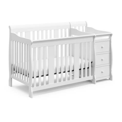 Storkcraft Portofino 5-in-1 Convertible Baby Crib with Drawer, Changer and Mattress Height Options, White