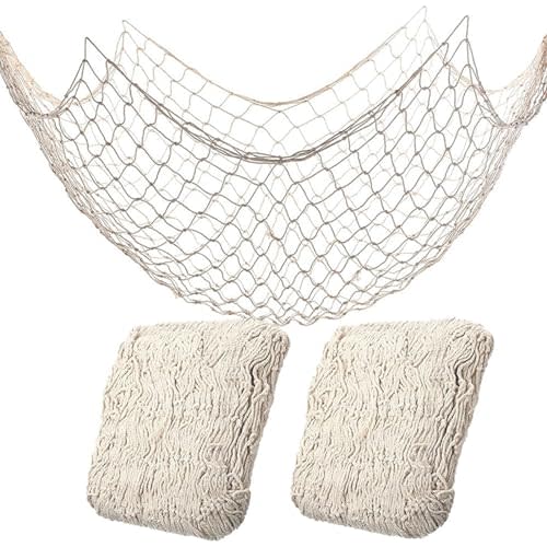 2 Pack Fish Net Decorations for Party, Natural Cotton Hawaiian Party Fishing Net Decorative, Nautical Themed Cotton Fishnet Under The Sea Pirate Ocean BeachHalloween Decor
