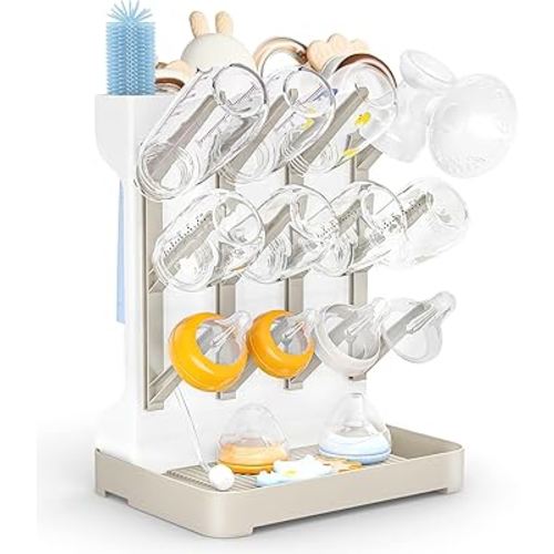 GoMaihe Baby Bottle Drying Rack: Space Saving Vertical Bottle Dryer Holder - Baby Accessories Storage Stand Organize Brushes Pacifiers on Countertop - BPA-Free - Beige