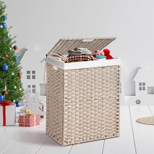 Laundry Hamper With Lid PE Rattan Powder Coating Frame Clothes Hampers with 02 Removable Bags, Wheels, 160L, Gray Color