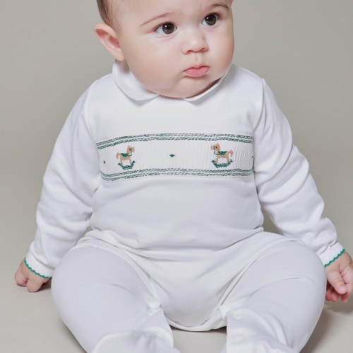 Green Rocking Horses Smocked Footie
