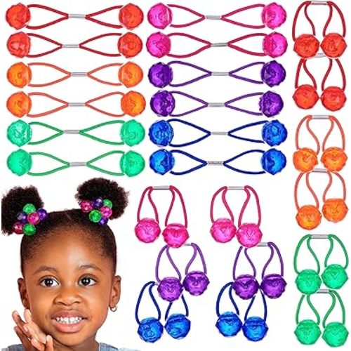 24pc Ponytailers Ponytail Balls Hair Elastics, 16mm Diamond-Cut Gem-Shaped Bright Multicolored Twin Hair Beads Bauble Hair Ties Ponytail Holders, Toddler Kids Hair Ties,Value Pack