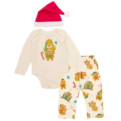 STAR WARS Darth Vader Christmas Newborn Baby Boys Bodysuit, Pants and Velour Santa Hat 3 Piece Outfit Set Cream Beige / Red 0-3 Months