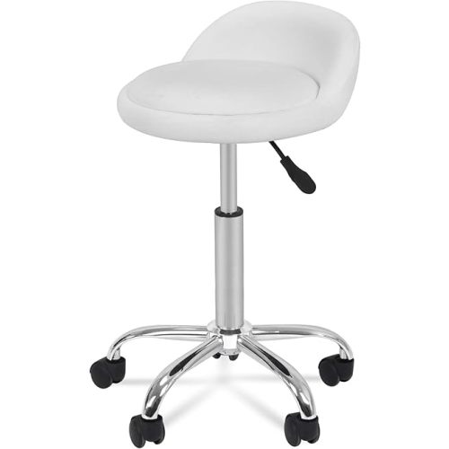 HomGarden Height Adjustable Rolling Swivel Salon Stool, PU Leather Hydraulic Ergonomic Chair with Backrest Wheels for Office Work Tattoo Massage Facial Spa Manicure Dentist Clinic, White
