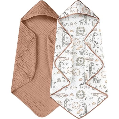 Yoofoss Hooded Baby Towels for Newborn 2 Pack 100% Muslin Organic Cotton Baby Bath Towel with Hood for Babies, Infant, Toddler and Kids, 32x32Inch, Soft and Absorbent Newborn Essential, Brown Giraffe