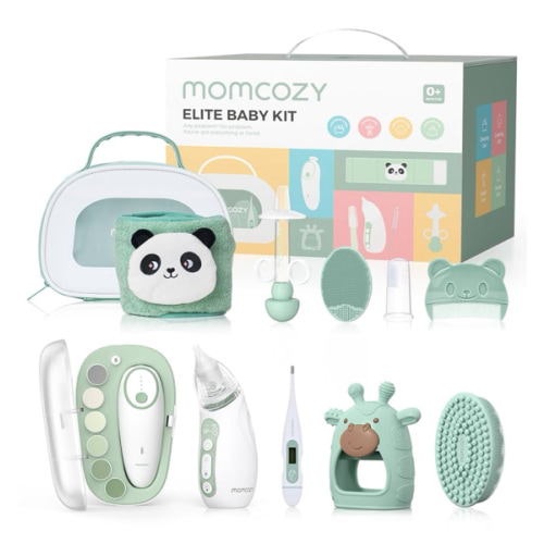 Momcozy Elite Baby Kit, Superior Baby Shower & Registry Essential Kit for Grooming & Health & Cleansing Care, Electric Nail File & Nasal Aspirator,Tummy Wrap,Thermometer,Bath Brush,Teether,Storage Bag