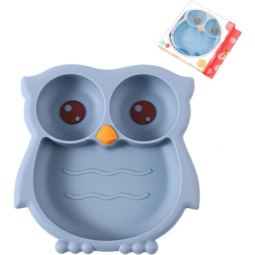 PandaEar Toddler Suction Plates, Stay Put Divided Baby Plates, Owl Shape BPA-Free 100% Food-Grade Silicone Unbreakable Baby Plate, Baby Feeding Supplies (Blue)