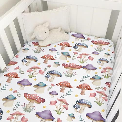 Watercolor Mushroom Baby Crib Sheets 52''x28'' Colorful Mushroom Floral Leaves Snug Fitted Crib Mattress Cover for Boy Girl Fantasy Mushrooms Soft Baby Nursery Bed Toddler Mattresses Sheets