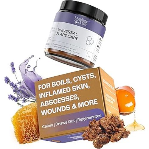 MyMagicHealer Universal Flare Care | Drawing Salve for HS, Boils, Cysts, Hemorrhoids, Pilonidal Cyst, Abscess | Anti-Chafing, Wound Care, Relief for Itching Skin w/Propolis & Egg Yolk Extract 4 oz