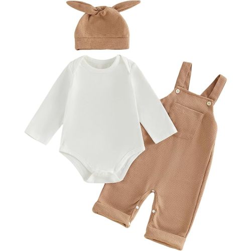 Newborn Baby Boy Clothes Infant Long Sleeve Romper Waffle Suspender Overalls Pants Hat Set Fall Winter Outfits
