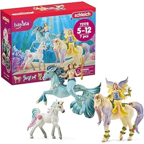 Schleich Bayala - 7 PC Mermaid, Unicorn and Fairy Toy Starter Set for Girls and Boys - Cute Fairies and Unicorn Figures with Accessories - Fantasy Figurine Animal Playset for Kids Ages 5+ - 72178