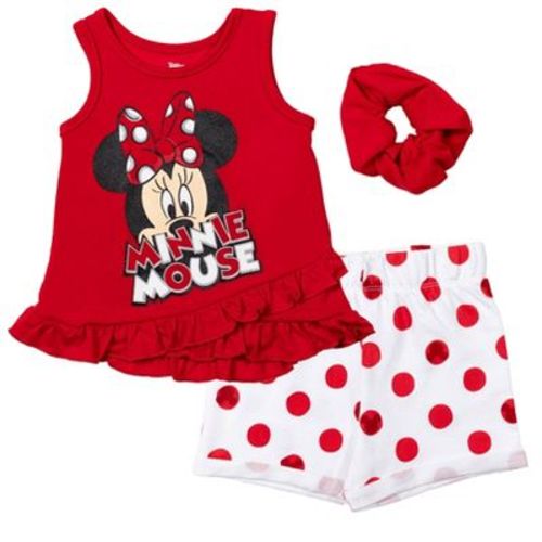 Disney Minnie Mouse Infant Baby Girls Crossover Tank Top French Terry Shorts and Scrunchie 3 Piece Outfit Set Polka Dots Red - Sleeveless 12 Months
