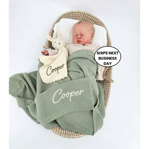 Baby Blanket Set, Custom Embroidered Name, Stroller Blanket, Newborn Baby Gift, Soft Breathable Cotton Knit