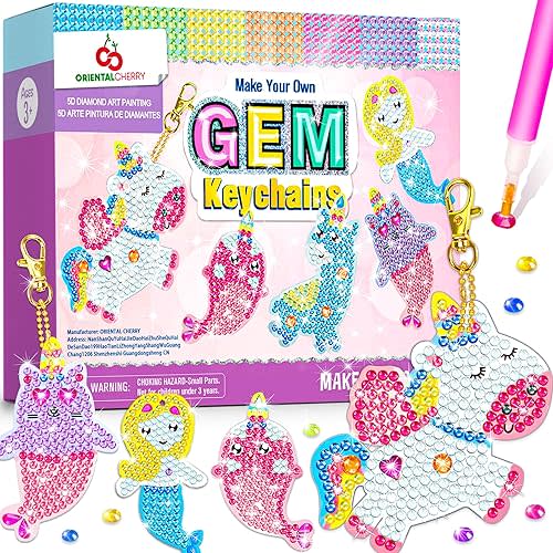 Arts and Crafts for Kids Ages 8-12 - Make Your Own GEM Keychains - 5D Diamond Art Painting by Numbers Kits Girls Kids Ages 3-5 4-6 6-8 Toys Birthday Easter Basket Stuffers Christmas Stocking Gifts
