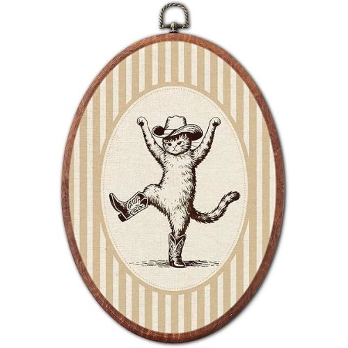 Vintage Cowboy Cat Nursery Oval Wall Art Framed, Yellow Striped Canvas Prints, Western Animal Retro Boy or Girl Gift Hanging Wall Decor for Kids Toddler Room Bedroom Playroom, 8.6x11.4 Inch