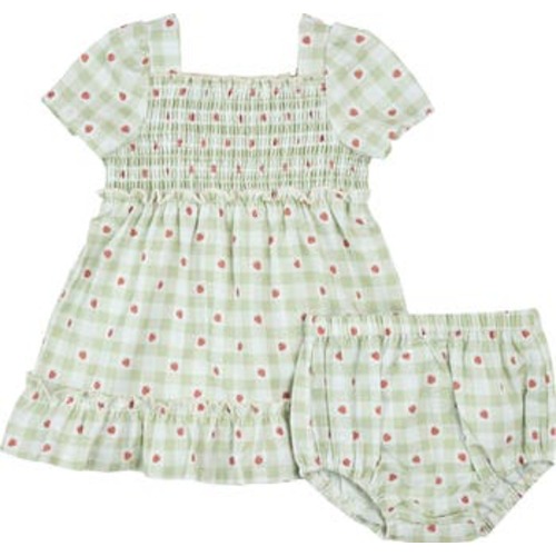 Strawberry Gingham Print Organic Cotton Dress & Bloomers Set, 9M