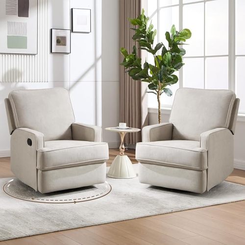 ANJ 360° Swivel Rocker Recliner Chair for Nursery, Classic Manual Glider Recliners with Overstuffed Backrest, Upholstered Rocking Reclining Sofa Chair for Living Room, Beige