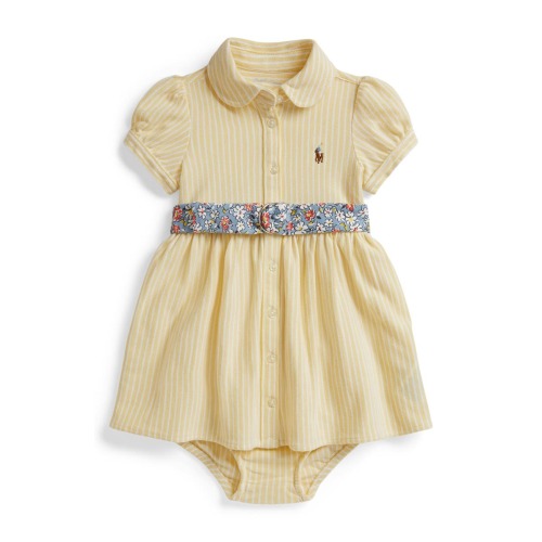 Oxford Stripe Cotton Piqué Belted Shirtdress & Bloomers, 12M