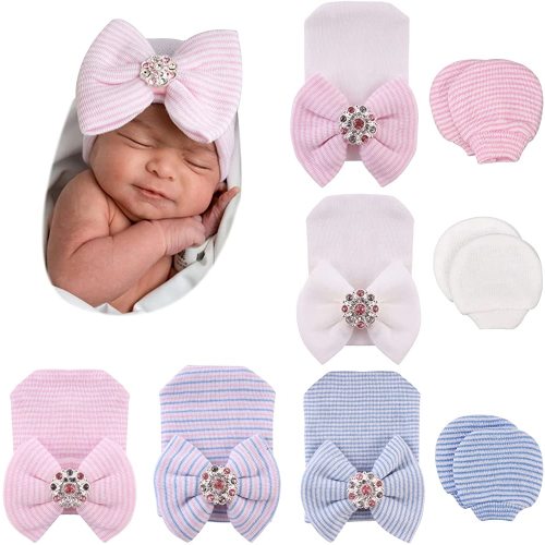 BQUBO Newborn Baby Caps Mittens for Baby Girls Baby Hats Scratch Mitten Gloves Set Soft Hospital Hat Infant Hats with Bow