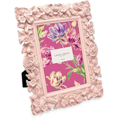 Laura Ashley 4x6 Pink Floral Textured Hand-Crafted Resin Picture Frame with Easel, for Tabletop & Wall Display, Decorative Floral Design Home Décor, Photo Gallery, Art & More (4x6, Pink)