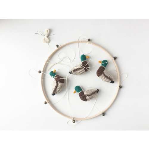 Hand Knitted Mallard Ducks Baby Mobile, Wool Nursery Decor