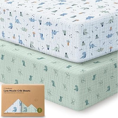 KeaBabies 2-Pack Muslin Crib Sheets for Boys, Girls - 100% Organic Cotton Fitted Baby Crib Mattress Sheet, Soft Breathable Standard Toddler Bed Cover Bedding Set, Neutral, Durable 52x28 (Dino Park)