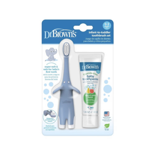 Dr. Brown's Infant-to-Toddler Training Toothbrush Set, Blue Elephant with Fluoride-Free Apple Pear Baby Toothpaste, 0-3 years