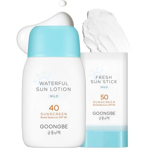 GOONGBE Sun Lotion SPF 40 & Sun Stick SPF 50 - Zinc Oxide Mineral Sunscreen - No White Cast - Vegan for Babies Kids Adults - Korean Skincare, 2.82oz & 0.49oz