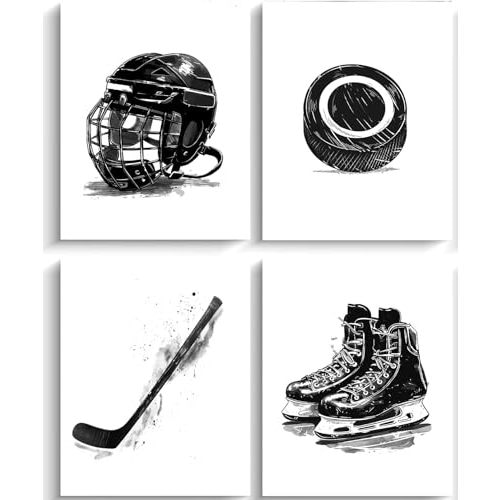 Ice Hockey Wall Art,Hockey Posters for Boys Bedroom Art,Black Hockey Skates Sticks Helmets&Hats Wall Art Posters,Hockey Gift for Boys Room Decor,Kids Bedroom Decor Teen Room Decor Nursery Decor,Set of 4(8"X10"Inch,No Frame).