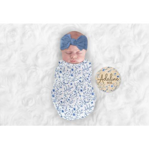 Personalized Blue Floral Baby Swaddle Toile Nursery Blanket Chinoiserie Baby Girl