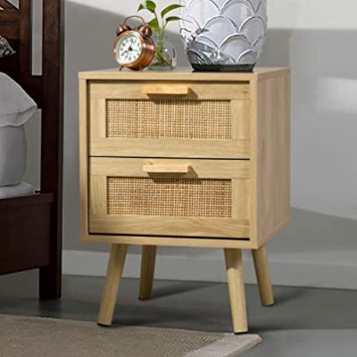 Finnhomy Nightstand, End Table, Side Table with 2 Hand Made Rattan Decorated Drawers, Wood Accent Table with Storage for Bedroom, Natural (Patented)