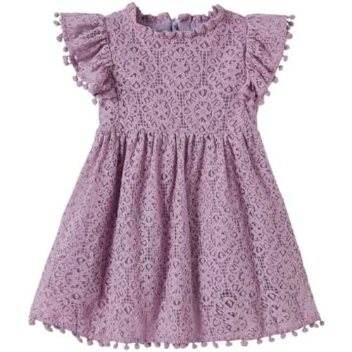 Niyage Toddler Girls Elegant Lace Pom Pom Flutter Sleeve Party Princess Dress