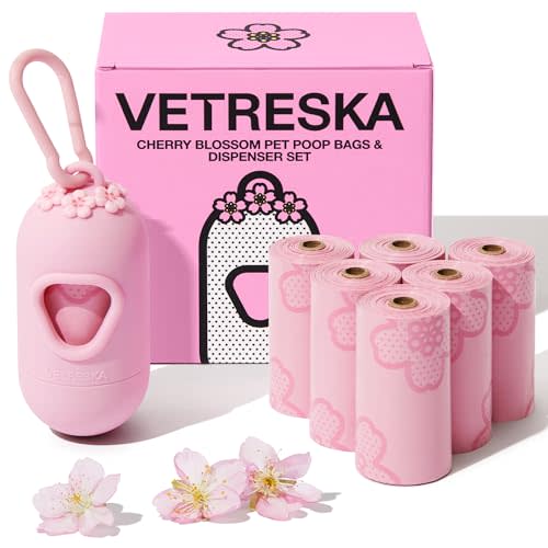VETRESKA Dog Poop Bag Dispenser with 105 Cherry Blossom Scented Bags | Leak Proof and Extra Thick Pet Waste Bags, 1 Poop Bag Holder and 7 Rolls for Dog Walking and Cats Litter