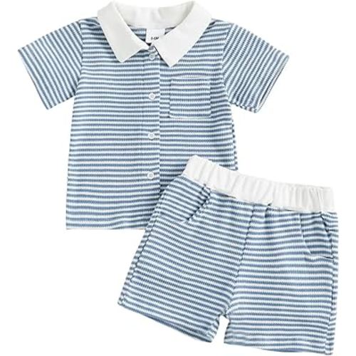 fhutpw Baby Toddler Boy Clothes Striped Button Down Shirt Tops + Elastic Waist Shorts Infant Boys Summer Outfits 2PCS Sets